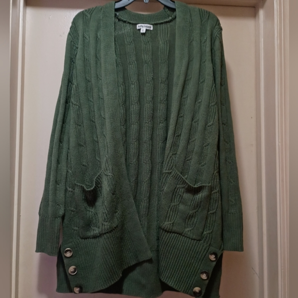 Kathy Ireland Green Knit Cardigan With Pockets